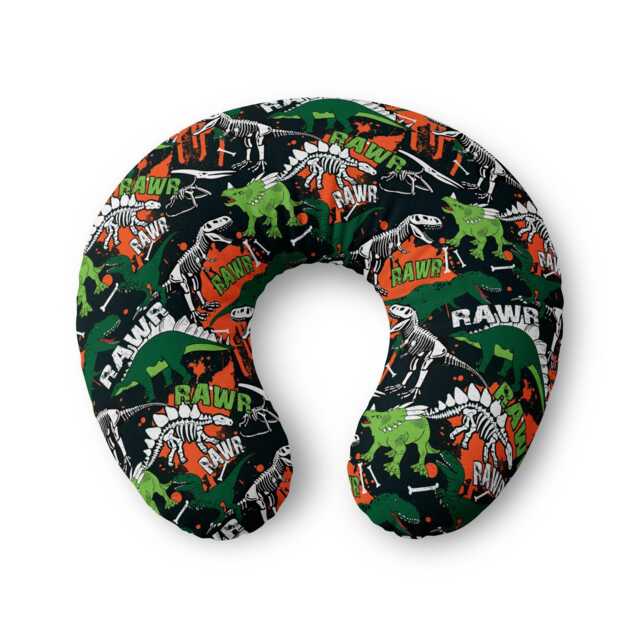 Dinosaur Rawr Print Nursing Pillow Cover - Dino Skeletons Green Orange Black - image 1