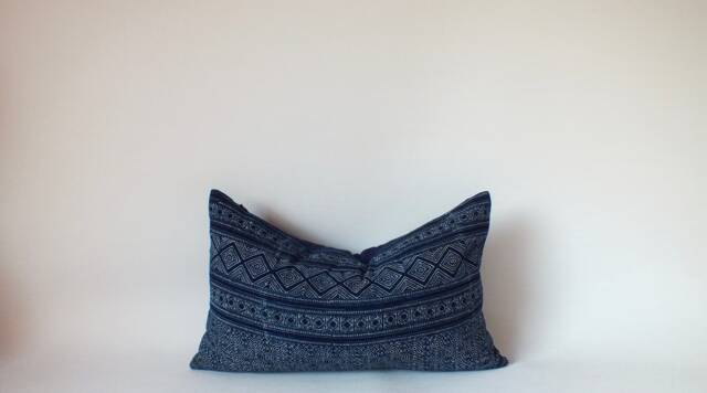 Hmong Batik Lumbar Pillow Cover, Midnight Blue Striped Cushion Case - 12x20 - image 1