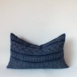 Hmong Batik Lumbar Pillow Cover, Midnight Blue Striped Cushion Case - 12x20 - thumbnail 2