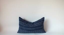 Hmong Batik Lumbar Pillow Cover, Midnight Blue Striped Cushion Case - 12x20 - thumbnail 1