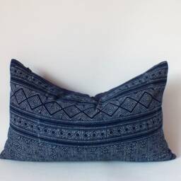 Hmong Batik Lumbar Pillow Cover, Midnight Blue Striped Cushion Case - 12x20 - thumbnail 3
