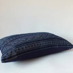 Hmong Batik Lumbar Pillow Cover, Midnight Blue Striped Cushion Case - 12x20 - thumbnail 4