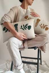 Linen Lumbar Pillow Decorative Cover Nordic Floral Folk Art, Hand Block Printed - 12x20 Inches, Rustic Style - thumbnail 1