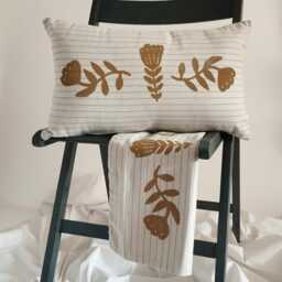 Linen Lumbar Pillow Decorative Cover Nordic Floral Folk Art, Hand Block Printed - 12x20 Inches, Rustic Style - thumbnail 3