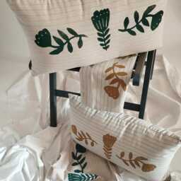 Linen Lumbar Pillow Decorative Cover Nordic Floral Folk Art, Hand Block Printed - 12x20 Inches, Rustic Style - thumbnail 4