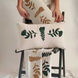 Linen Lumbar Pillow Decorative Cover Nordic Floral Folk Art, Hand Block Printed - 12x20 Inches, Rustic Style - thumbnail 2