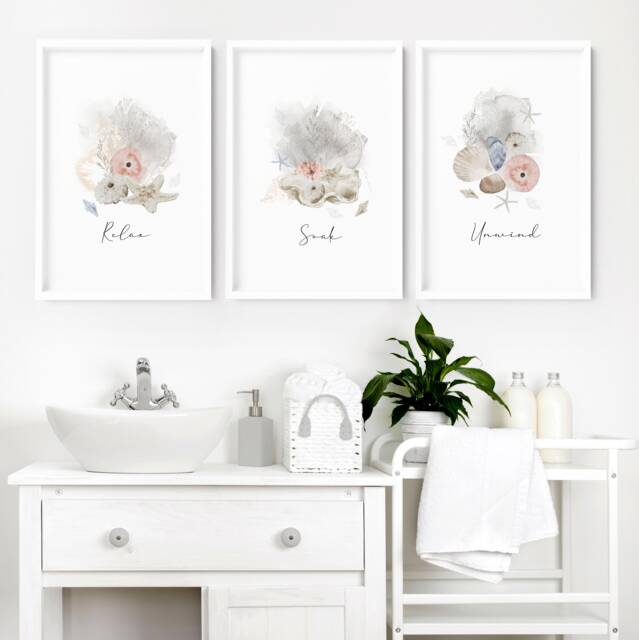 Coastal Boho Prints For Bathroom Decor With Frames, Seashell 3 Piece Wall Art Prints, Spa Decor Framed Art, Relaxation Gift Women - image 1