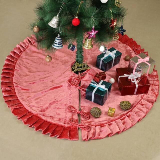 Pink Velvet Christmas Tree Skirt, Luxury Plush Fur Skirt With Ruffle, Xmas Decoration Holiday Party Decor, Home Decor - image 1