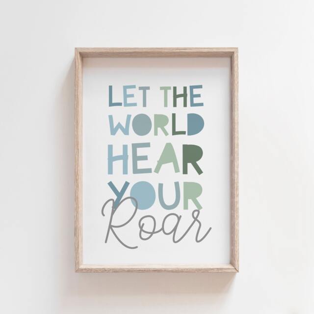 Let The World Hear Your Roar Print, Boys Nursery Prints, Bedroom Playroom Wall Art, Blue & Green, Toddler Room - image 1
