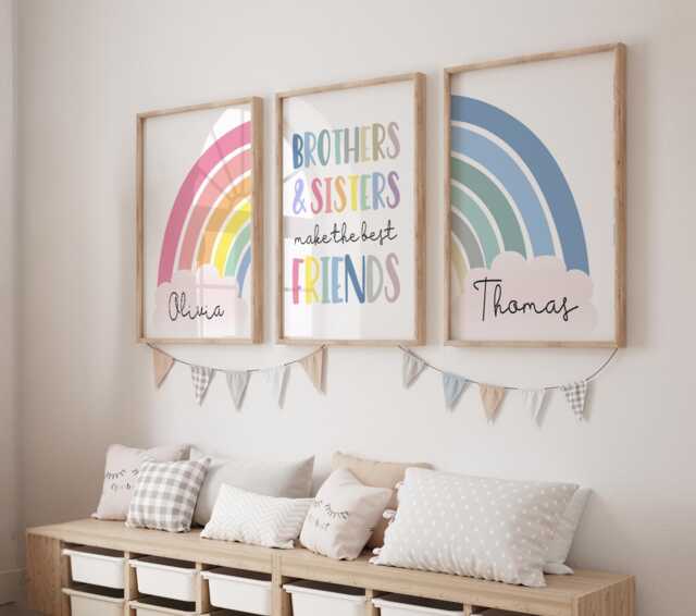 Set Of 3 Nursery Prints, Brothers & Sisters Make The Best Fiends, Bro Sister, Shared Bedroom, Siblings, Colourful Rainbow, Playroom - image 1