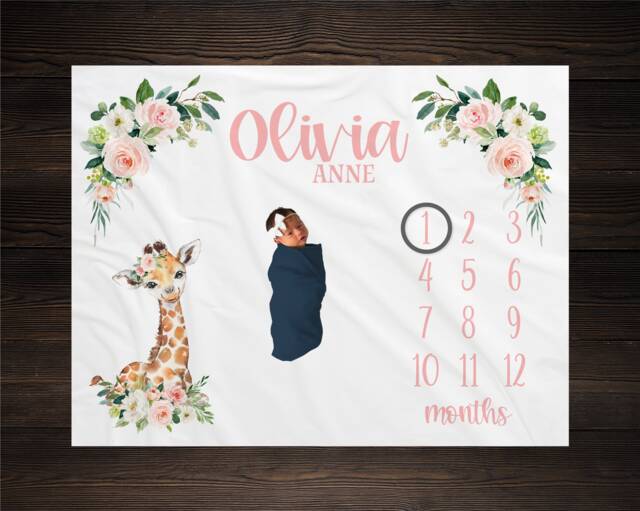 Floral Giraffe Milestone Blanket Personalized Monthly Growth Tracker Custom Baby Shower Gift Newborn Safari Nursery - image 1