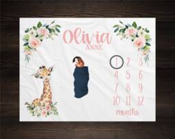 Floral Giraffe Milestone Blanket Personalized Monthly Growth Tracker Custom Baby Shower Gift Newborn Safari Nursery - thumbnail 1