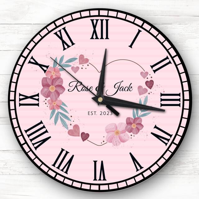 Floral Heart Anniversary Birthday Valentine's Gift Pink Personalised Clock - image 1