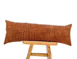 Extra Long Bolster Pillow, African Mudcloth Pillow Cover, Long Lumbar Rust & Cream Cushion - thumbnail 1