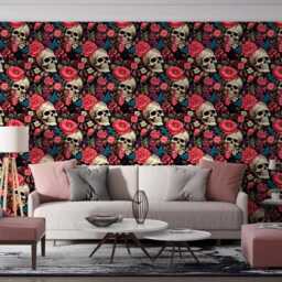 Flower With Skull Wall Mural For Bedroom Pink Purple Floral With Wallpaper Gothic Peel & Stick Removable - thumbnail 3