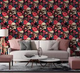Flower With Skull Wall Mural For Bedroom Pink Purple Floral With Wallpaper Gothic Peel & Stick Removable
