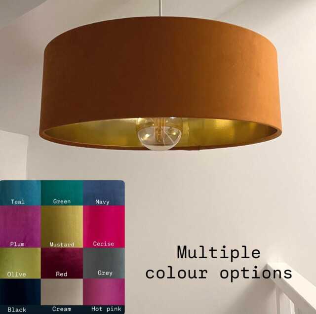 Velvet Ceiling Light Shade Extra Large Slim With Gold Lining, 13 Colours - image 1