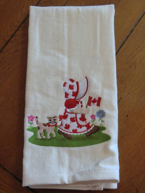 Embroidered Velour Hand Towel - Canada Day Sunbonnet Sue Beige