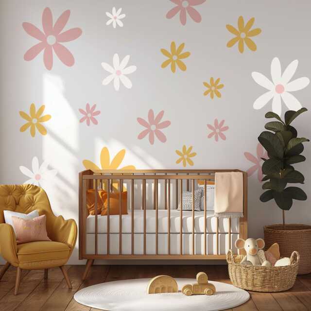 Pastel Flower Wall Decals For Girls Bedroom, Daisy Nursery Stickers, Boho Decor, Peel & Stick Floral Art - image 1