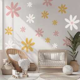 Pastel Flower Wall Decals For Girls Bedroom, Daisy Nursery Stickers, Boho Decor, Peel & Stick Floral Art - thumbnail 3