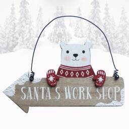 Christmas Wall Plaque Polar Bear Santa's Work Shop Wooden Arrow Novelty Decor - thumbnail 1