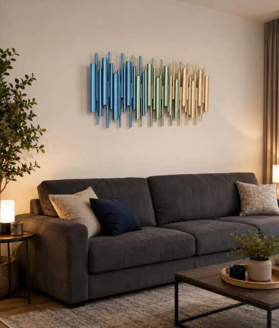 Unique Wood Wall Decor - Painted Metallic Sage, Blue & Champagne Gold Dowels - image 1