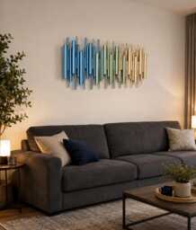 Unique Wood Wall Decor - Painted Metallic Sage, Blue & Champagne Gold Dowels