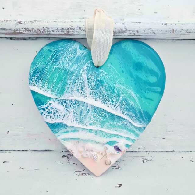 Handmade Turquoise Resin Ocean Heart Coastal Hanging Ornament - image 1