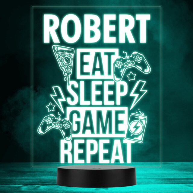Eat Sleep Game Repeat Gaming Controllers Pizza Personalised Gift Rgb Night Light - Bedroom Lamp - image 1