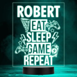 Eat Sleep Game Repeat Gaming Controllers Pizza Personalised Gift Rgb Night Light - Bedroom Lamp - thumbnail 1