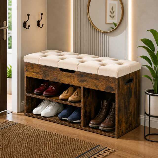 Shoe Bench With Cushion, Storage Plush Velvet -Tufted Padded Seat, 3 Compartments, Hidden Storage, Shelves, Living Room Lounge - image 1
