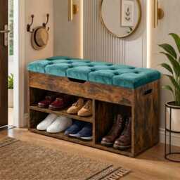 Shoe Bench With Cushion, Storage Plush Velvet -Tufted Padded Seat, 3 Compartments, Hidden Storage, Shelves, Living Room Lounge - thumbnail 4