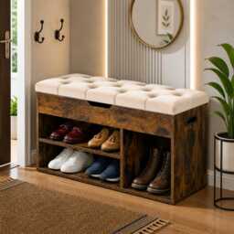 Shoe Bench With Cushion, Storage Plush Velvet -Tufted Padded Seat, 3 Compartments, Hidden Storage, Shelves, Living Room Lounge - thumbnail 1