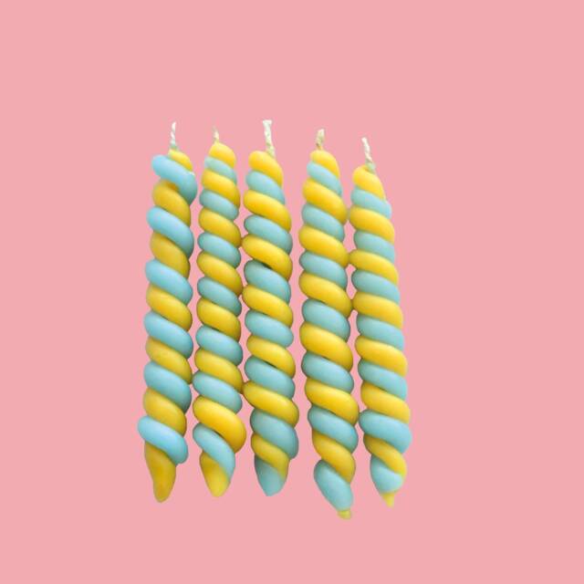 Yellow & Blue Twisted Beeswax Candle Set - x5