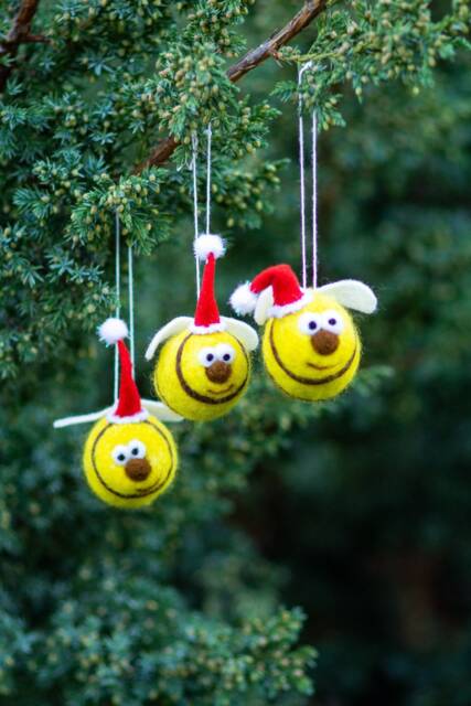 Felted Bee Ornaments Bumble Bee Felt Ornament Wool Bees in Santa Hats Christmas Decoration Tree - image 1