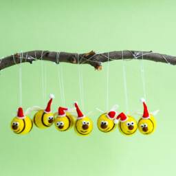 Felted Bee Ornaments Bumble Bee Felt Ornament Wool Bees in Santa Hats Christmas Decoration Tree - thumbnail 3