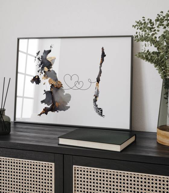 Britain & Chile Map Black & Gold Travel Wall Art Print - United Kingdom UK - image 1