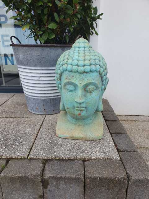Buddha Head Statue, Rustic Garden Sculpture, Zen Outdoor Ornament, Weathered Spiritual Decor - image 1