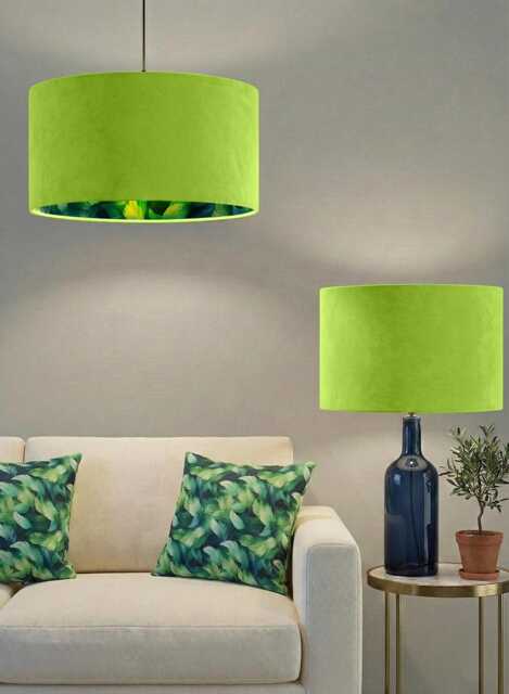 Handmade By Order Lime Green & Feathers Printed Double Sided Drum Lamp Shade Pendant Light All Shapes Sizes Available - image 1