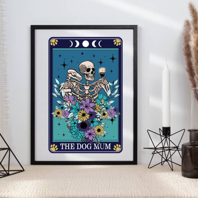 Tarot Dog Mum Typographical Print - Quirky Gift Tattoo Style Skeleton Art Cards - image 1
