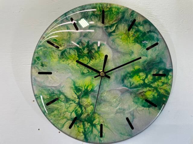 25cm Metallic Silver & Green Abstract Modern Resin Wall Clock, Unusual Decor, Unique Clocks - image 1
