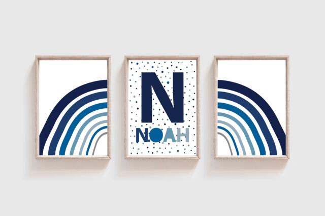 Set Of 3 Boys Blue Nursery Prints, Bedroom Rainbow, Name Print, Playroom & Grey Wall Art, Baby Boy - image 1