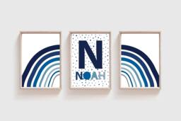 Set Of 3 Boys Blue Nursery Prints, Bedroom Rainbow, Name Print, Playroom & Grey Wall Art, Baby Boy - thumbnail 1