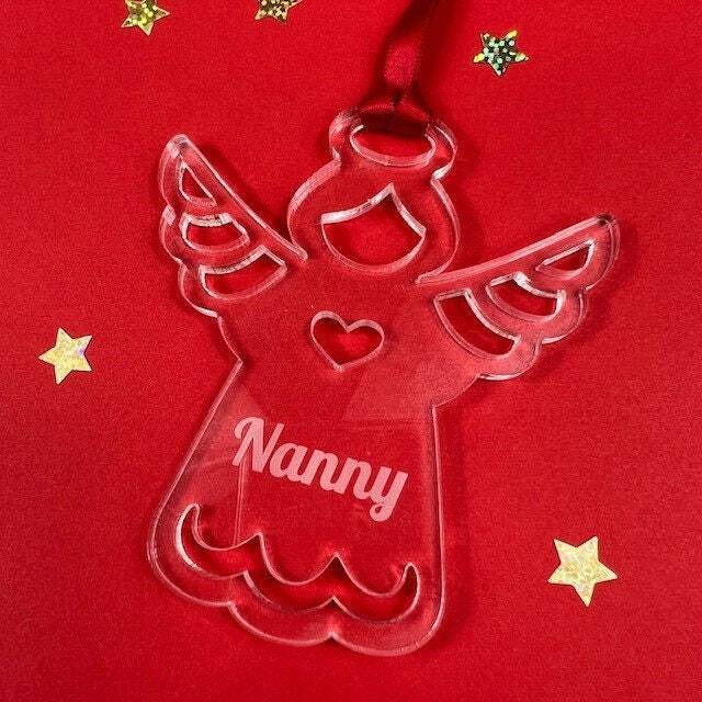 Personalised Angel Christmas Tree Decoration -Memorial Xmas Bauble - Clear Acrylic Hand Finished Red Satin Ribbon- Rememberance Halo Wings - image 1