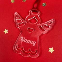 Personalised Angel Christmas Tree Decoration -Memorial Xmas Bauble - Clear Acrylic Hand Finished Red Satin Ribbon- Rememberance Halo Wings