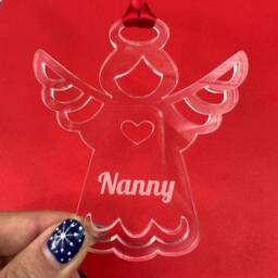Personalised Angel Christmas Tree Decoration -Memorial Xmas Bauble - Clear Acrylic Hand Finished Red Satin Ribbon- Rememberance Halo Wings - thumbnail 2