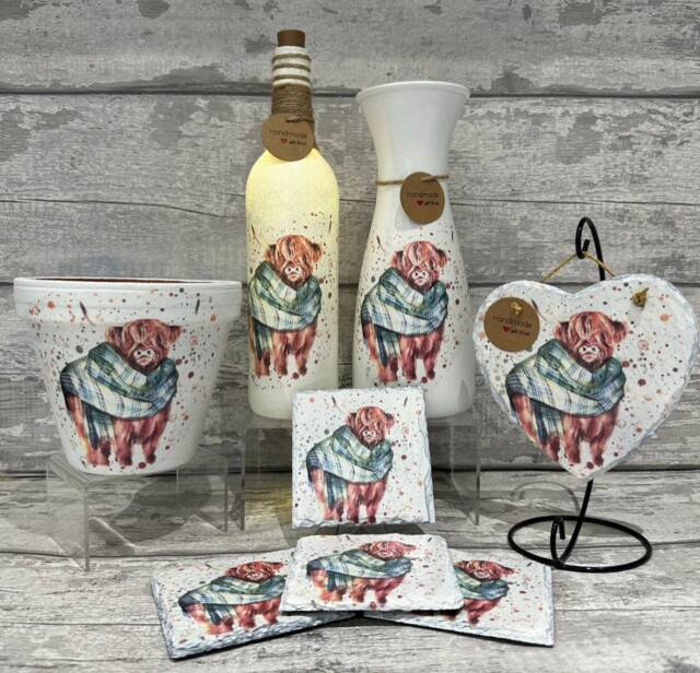 Highland Cow Gifts Vase Light Up Bottle, Slate Heart, Plant Pot, Coasters, Wax Burner, Soy Melts - image 1