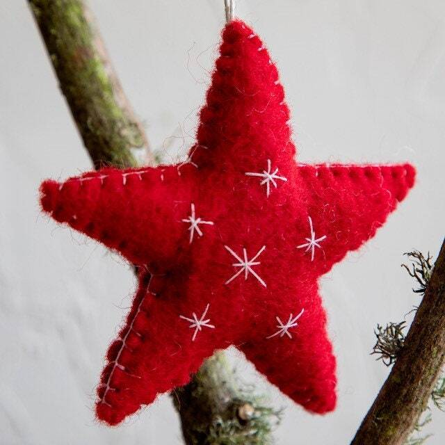Handcrafted Wool Felt Red Star Ornament - Christmas Holiday Decoration - image 1