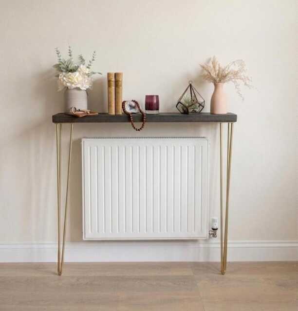 Rustic Reclaimed Wood Console Table - Slimline Radiator Shelf Gold Hairpin Legs Narrow Entryway Custom Finishes