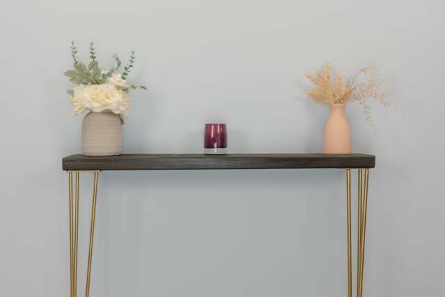 Rustic Reclaimed Wood Console Table - Slimline Radiator Shelf Gold Hairpin Legs Narrow Entryway Custom Finishes - image 1